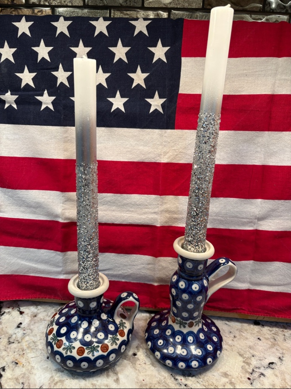 Pair of Hand-Painted Blue Polka Dot Ceramic Candle Holders with White Accent NWT